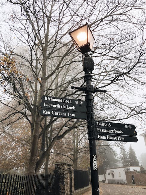 A black metal street lamp with a warm glow is situated next to bare, leafless trees under a misty sky. Attached to the lamp post are multiple black directional signs with white text indicating nearby locations and distances, including 'Richmond Lock', 'Isleworth via Lock', 'Kew Gardens 1/4 mile', 'Toilets & Passenger boats', and 'Ham House 1/4 mile'. The background features a partially visible brick wall, a gated entrance, and a small white building with a dark roof, all surrounded by foggy conditions that obscure some distant details. The scene captures a quiet, early-morning or late-afternoon atmosphere, emphasizing outdoor maintenance and landscaping elements typical of a well-kept terraced garden area, consistent with the services offered by Gardeners Tufnell Park.